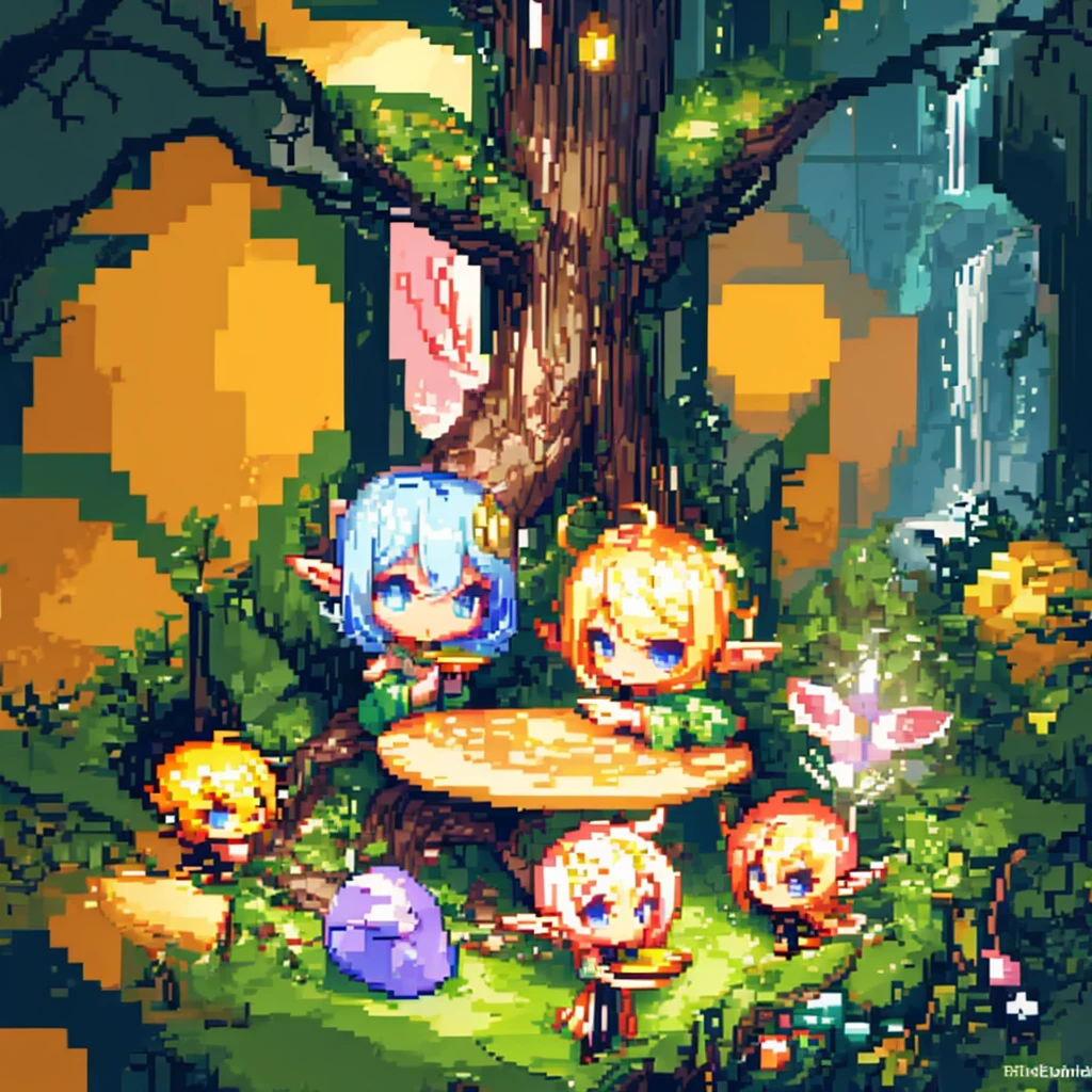 (many elves\((chibi:1.5),living daily life,eating food,washing clothes,talking each other,living on Yggdrasil\)),background\(Yggdrasil\(very huge tree,elf settlement\),forrest,beautiful lake around Yggdrasil\), BREAK ,quality\(8k,wallpaper of extremely detailed CG unit, ​masterpiece,hight resolution,top-quality,top-quality real texture skin,hyper realisitic,increase the resolution,RAW photos,best qualtiy,highly detailed,the wallpaper,cinematic lighting,ray trace,golden ratio\),isometric view,(pixel:1.4),(close up elf:0.6)
