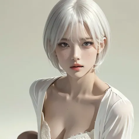 White hair, girl made of melted chocolate, upper body, thighs, girl, single, chest, looking at the audience, short hair, bangs, ...