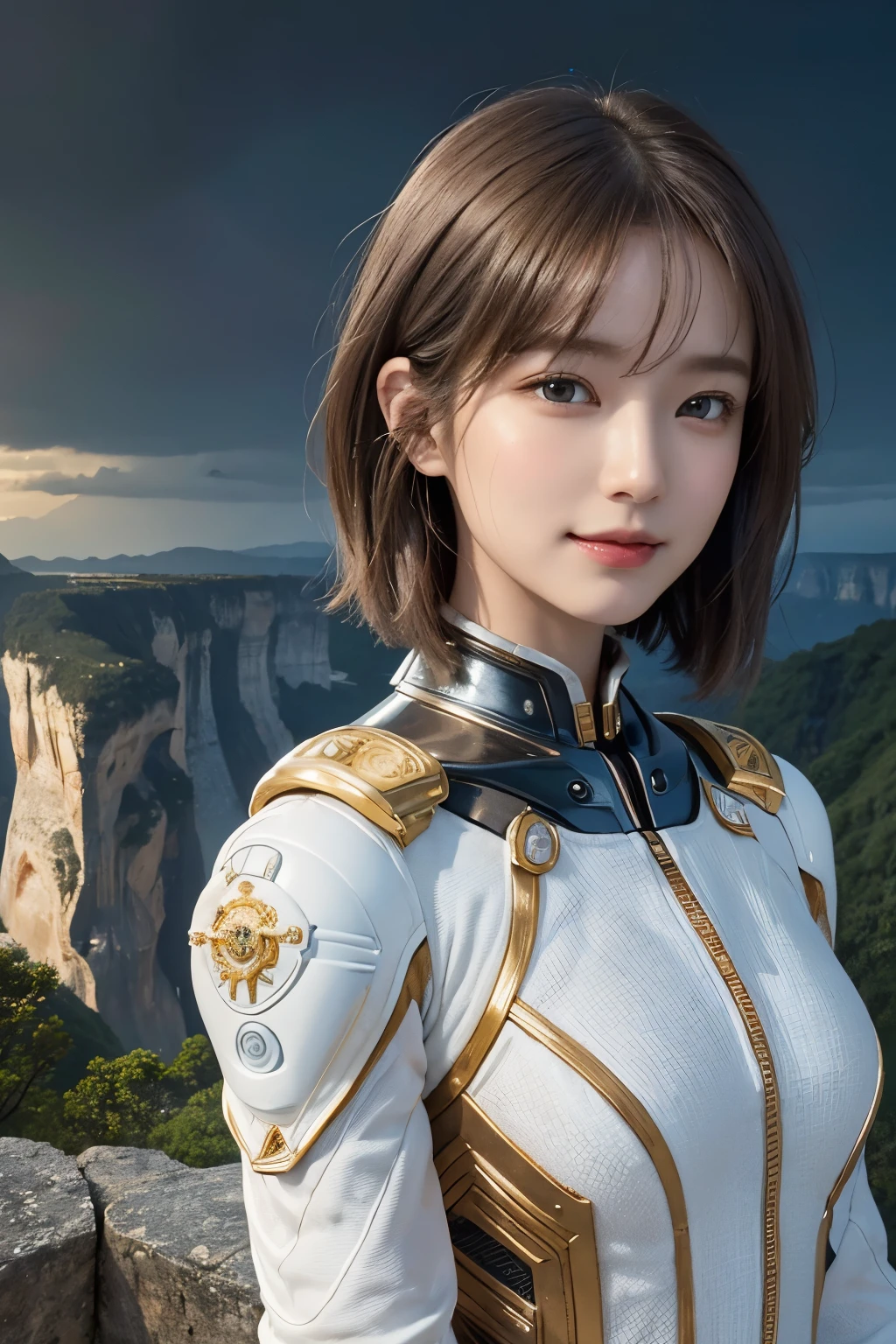 Ultra-high resolution、(Real:1.4)、One beautiful woman、Beautifully detailed eyes and skin、Light brown short hair、A Little Smile、Small Bust、Intricately decorated smart space suit、Impressive pose、Remains of a huge structure、Valley、cliff、Cloudy、evening、light rain、