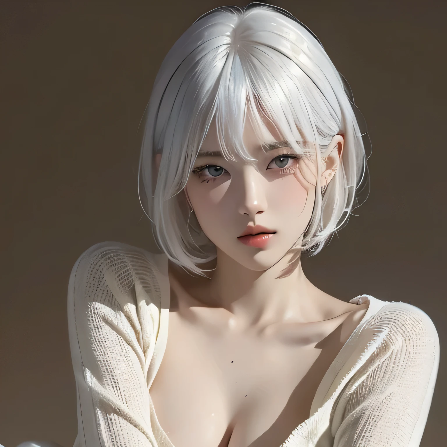 White hair, girl made of melted chocolate, upper body, thighs, girl, single, chest, looking at the audience, short hair, bangs, simple background, medium chest, sitting, closed mouth, white hair, lips, brown background, chocolate, realism