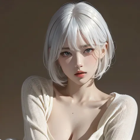 White hair, girl made of melted chocolate, upper body, thighs, girl, single, chest, looking at the audience, short hair, bangs, ...