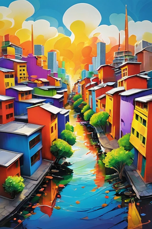 A masterpeace of a cityscape where the buildings gradually melt into a stream of vibrant colors, creating an abstract exploration of urban energy and transformation