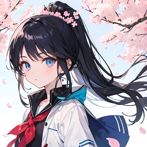 Icon, Anime girl, long hair, black hair, blue eyes, tied hair, ponytail, go flying in the wind, cherry trees, petals falling to ...