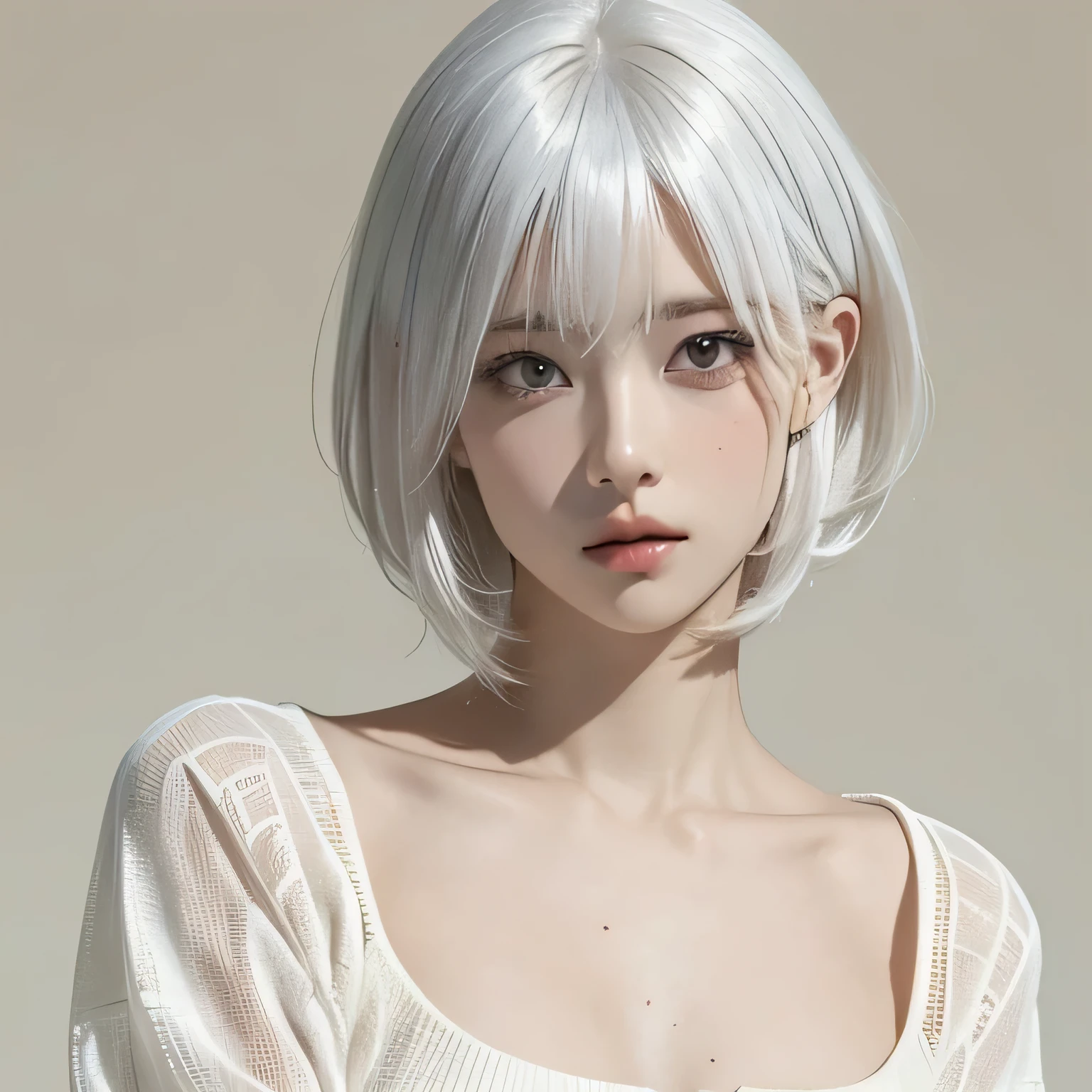 White hair, girl made of melted chocolate, upper body, thighs, girl, single, chest, looking at the audience, short hair, bangs, simple background, medium chest, sitting, closed mouth, white hair, lips, brown background, chocolate, realism