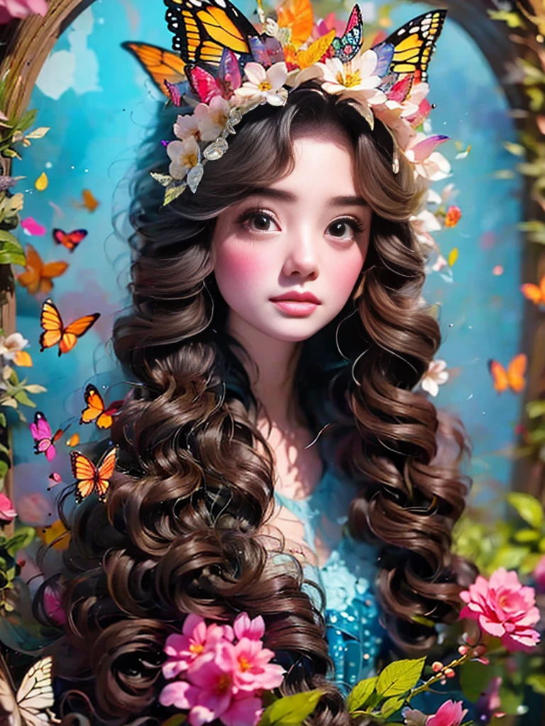 Flower path, journey, Quiet grove, Magical beautiful delicate butterfly, Butterflies of all sizes flutter around it., A serious atmosphere, brightness, Connection with nature, Dusk begins in the background, There is a mysterious and charming atmosphere, There is a long-haired elf in the woods, Delicate face, And very beautiful, crescent hair ornament, rococo style, Conceptual art, first-person view, UHD, anatomically correct, masterpiece, accurate, textured skin, super detail, award winning, 8k