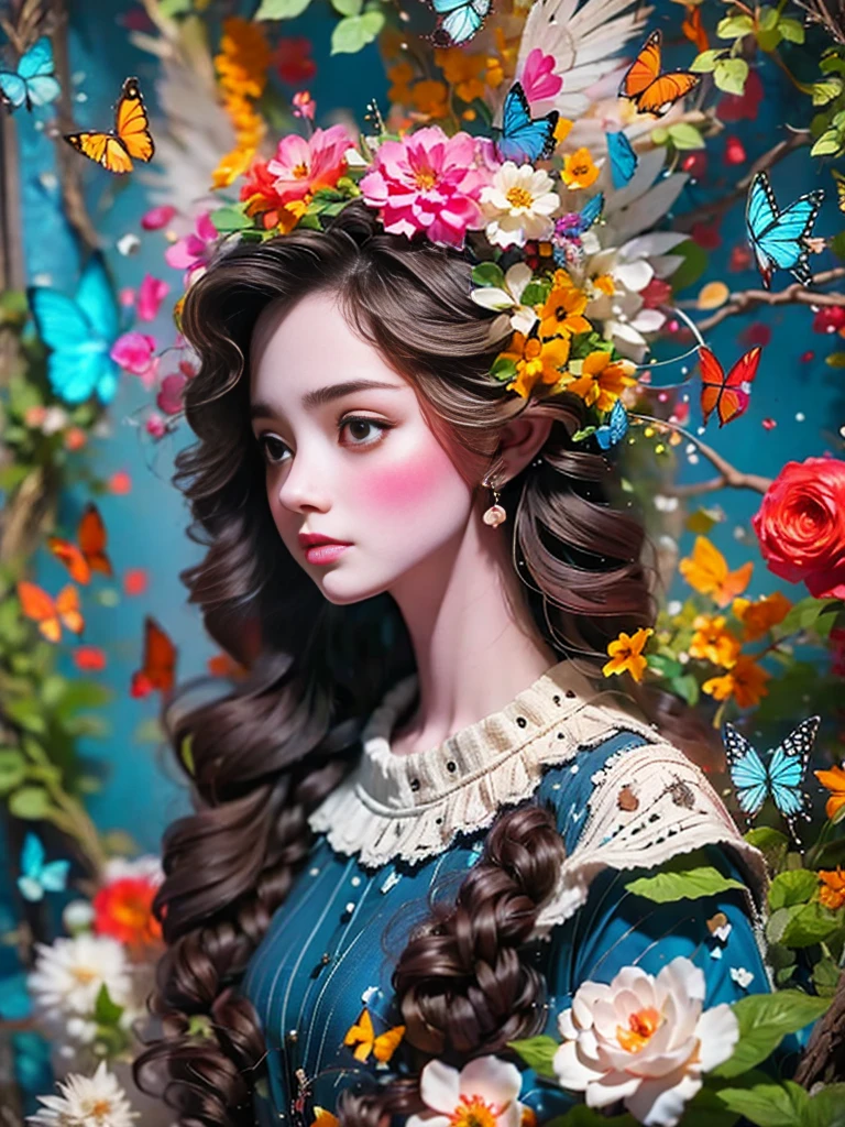 Flower path, journey, Quiet grove, Magical beautiful delicate butterfly, Butterflies of all sizes flutter around it., A serious atmosphere, brightness, Connection with nature, Dusk begins in the background, There is a mysterious and charming atmosphere, There is a long-haired elf in the woods, Delicate face, And very beautiful, crescent hair ornament, rococo style, Conceptual art, first-person view, UHD, anatomically correct, masterpiece, accurate, textured skin, super detail, award winning, 8k