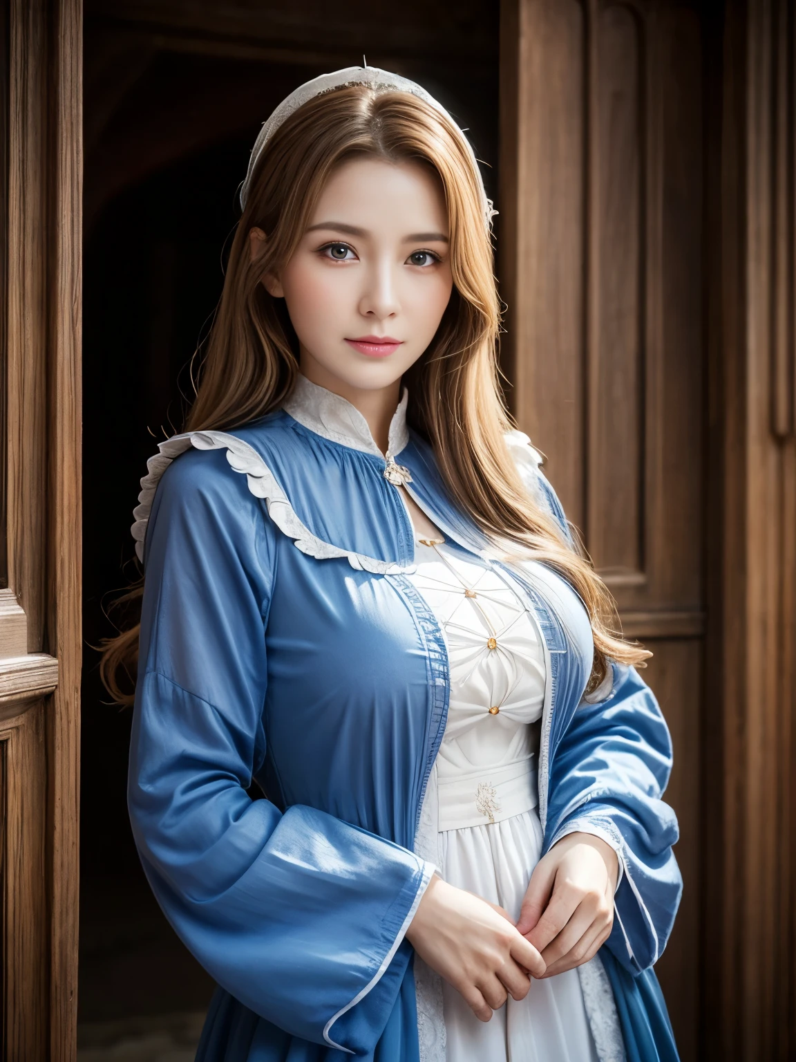 Classy sex appeal、Beautiful elderly woman、Transparent skin、Perfect natural light、8K High Resolution、High resolution、Glowing Beautiful Skin、Transparent beauty、masterpiece、Moist eyes、Bright spot、Gravure quality、Light hair color、Fantastic medieval European style、In the castle town、Royal Blue Clothing、Long-sleeved clothing、Sister、High Priest、