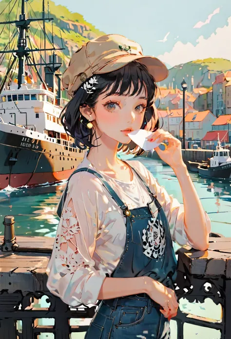 (((paper cutting style))), 1 girl, short black hair, cap, shirts and denim, portfolio, harbor and ship