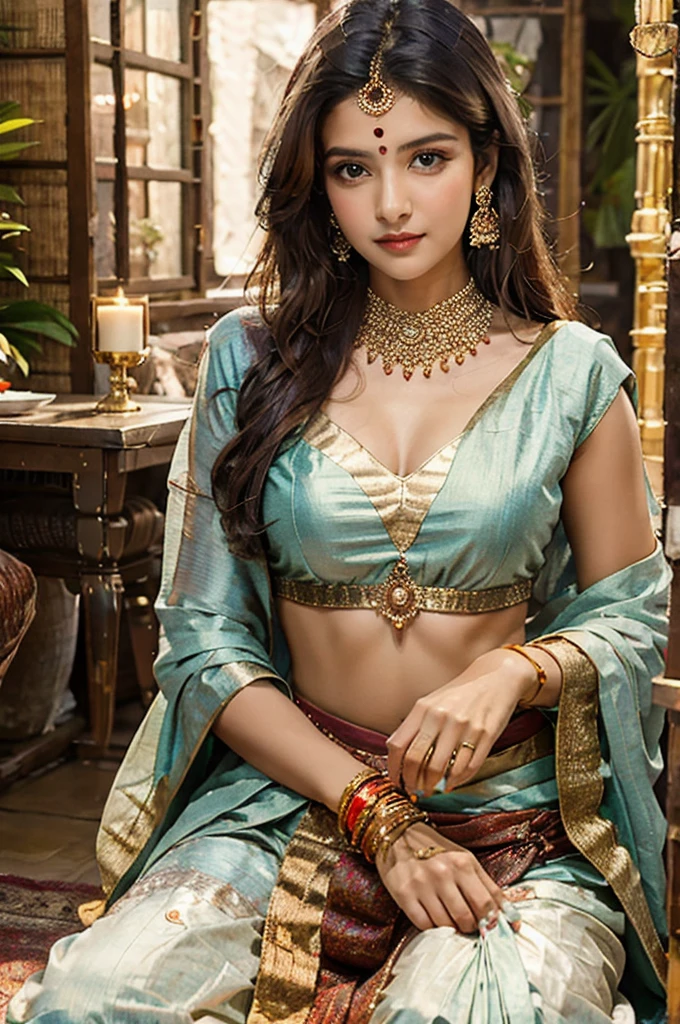 masterpiece, centered, 1 young Indian woman with a cute and radiant face, featuring exquisitely detailed eyes, expressing a mix of shyness and joy, dressed in vibrant traditional Indian attire. She has a slim figure and medium-sized breasts. Generate an 8k image, risbeauty indian, sitting on the lap of a handsome king of dark complexion in white gold plated indian dhoti, bare upper body with ancient indian male jewelry, male necklace with a bow
