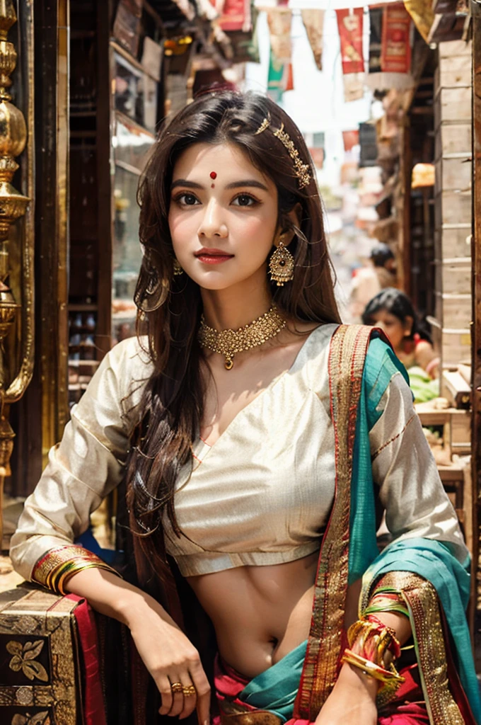 masterpiece, centered, 1 young Indian woman with a cute and radiant face, featuring exquisitely detailed eyes, expressing a mix of shyness and joy, dressed in vibrant traditional Indian attire. She has a slim figure and medium-sized breasts. Generate an 8k image, risbeauty indian, sitting on the lap of a handsome king of dark complexion in white gold plated indian dhoti, bare upper body with ancient indian male jewelry, male necklace with a bow
