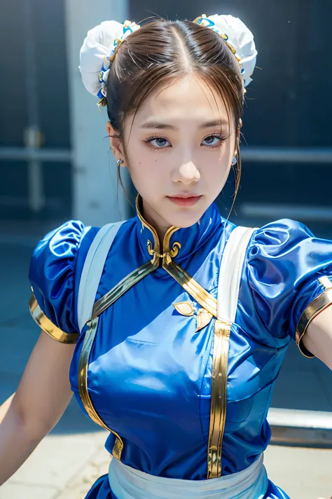 Chun-Li from Street Fight II,perfect chun li costume,Blue cheongsam with gold lines,Bun head,bun cover,fighting pose,masterpiece...