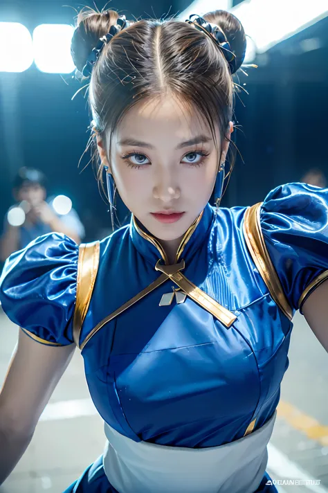 Chun-Li from Street Fight II,perfect chun li costume,Blue cheongsam with gold lines,Bun head,bun cover,fighting pose,masterpiece...