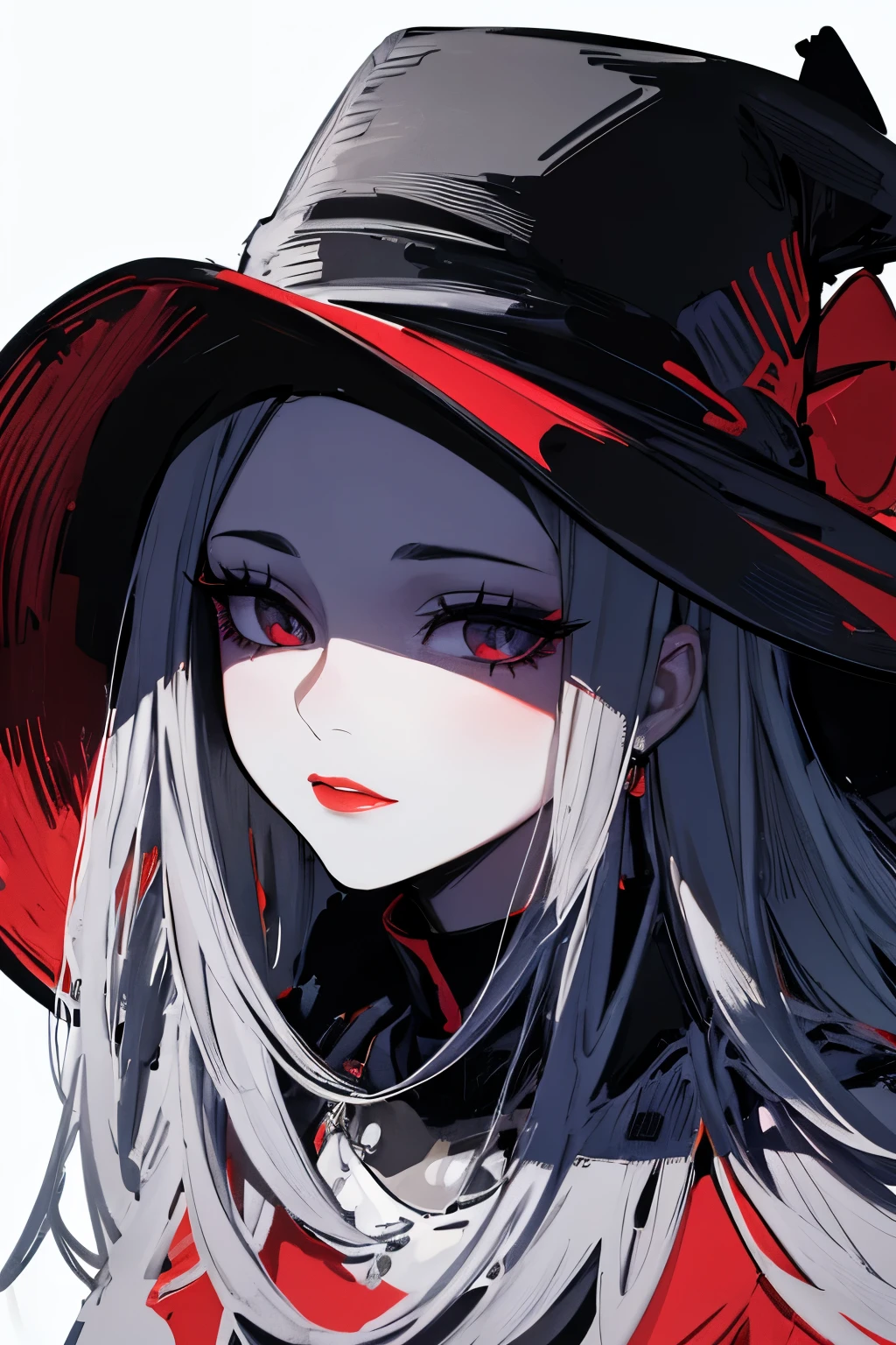 (Elegant, High Quality, Ultra-Detailed), 1 Woman, Portrait, Extremely Detailed Hands, (Noir Chic: 1.1), (Abstract Art: 1.1), Red and Black Color Scheme, Most Detailed

[Woman in Red Lipstick and Black Hat]

With a solid black background as her canvas, an elegant woman adorned in red lipstick and a black hat with the brim concealing her eyes makes a striking silhouette. The brim of her hat, casting a shadow over her eyes, adds a mystique to her demeanor, suggesting a hidden persona underlying her poised exterior.

Her long