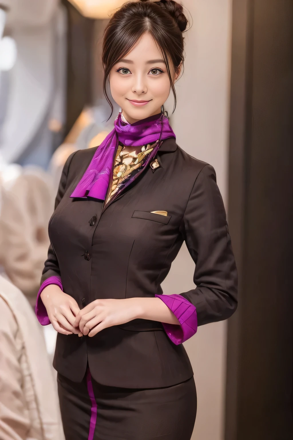 (傑作:1.2、最高品質:1.2)、32K HDR、高解像度、(一人で、1 女の子、スリムな体型)、（エティハド航空客室乗務員の制服をリアルに再現）、 (機内で, プロフェッショナル照明)、ボード上の背景、きちんとした女性, 美しい顔,、（長袖エティハド航空客室乗務員制服）、（エティハド航空客室乗務員の制服、前面に紫のストライプが入ったスカート）、（胸にスカーフ）、巨乳、（おだんごヘア、ロングヘアアップ、ヘアバン）、濃い茶色の髪、ロングショット、（（素晴らしい手：2.0））、（（調和のとれたボディプロポーション：1.5））、（（正常な四肢：2.0））、（（通常の指：2.0））、（（繊細な目：2.0））、（（正常な目：2.0））)、美しい立ち姿勢、笑顔、お腹の周りに手を置きます