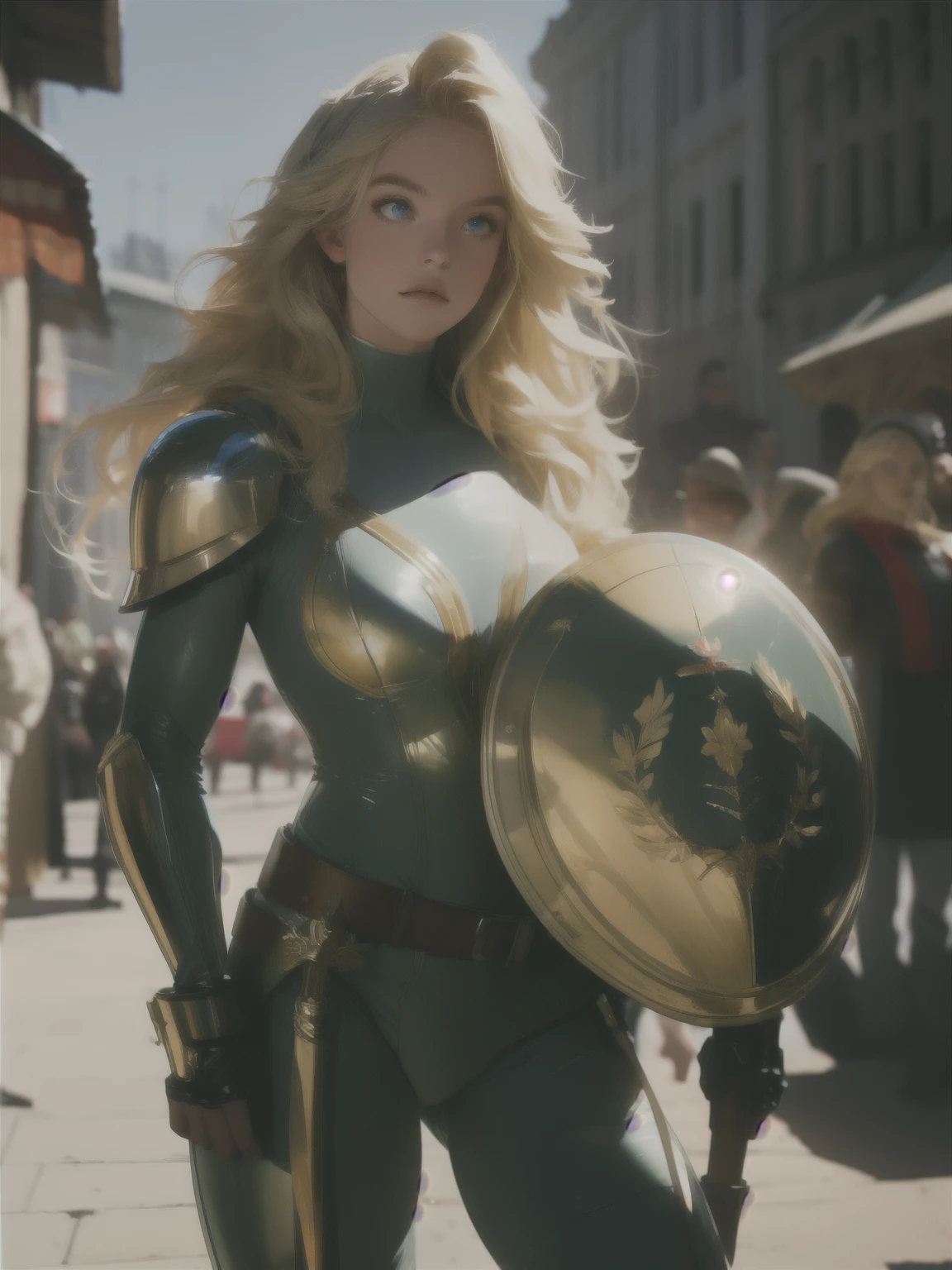 girl standing in hoplite armor holding a shield and spear, spartan, helmet, blonde hair, bright pupils, beautiful, realistic, scenery, dynamic light