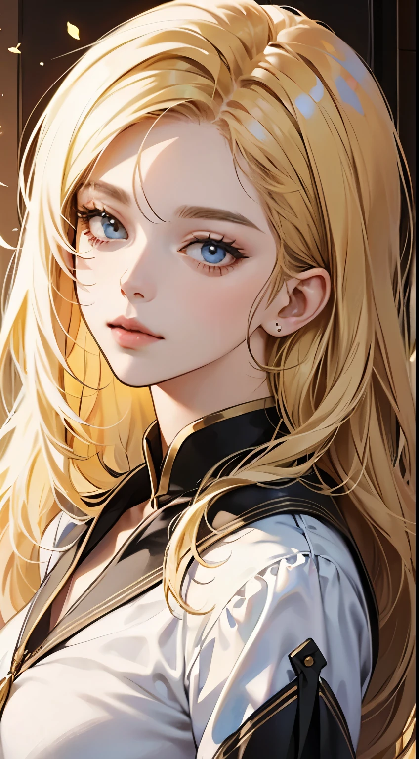 Painting of a woman with blond hair, stunning anime face portrait, beautiful drawing of the characters, beautiful anime portrait, presenting a stunning effect. The picture is very detailed, image of women&#39;s faces and clothing. Her face has a creamy dripping effect, which makes the whole face brighter. She&#39;s wearing a beautiful detailed outfit, showcasing classic charm, medical gown, business style, shirt, A skirt, Blue eyes, even eyes, Detailed eyes