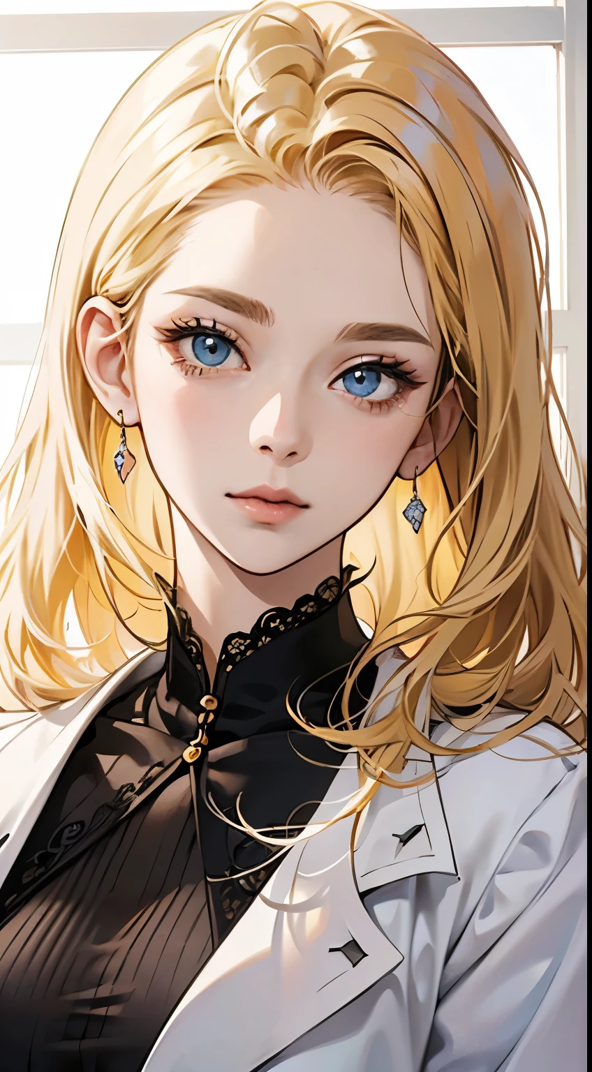 Painting of a woman with blond hair, stunning anime face portrait, beautiful drawing of the characters, beautiful anime portrait, presenting a stunning effect. The picture is very detailed, image of women&#39;s faces and clothing. Her face has a creamy dripping effect, which makes the whole face brighter. She&#39;s wearing a beautiful detailed outfit, showcasing classic charm, medical gown, business style, shirt, A skirt, Blue eyes, even eyes, Detailed eyes