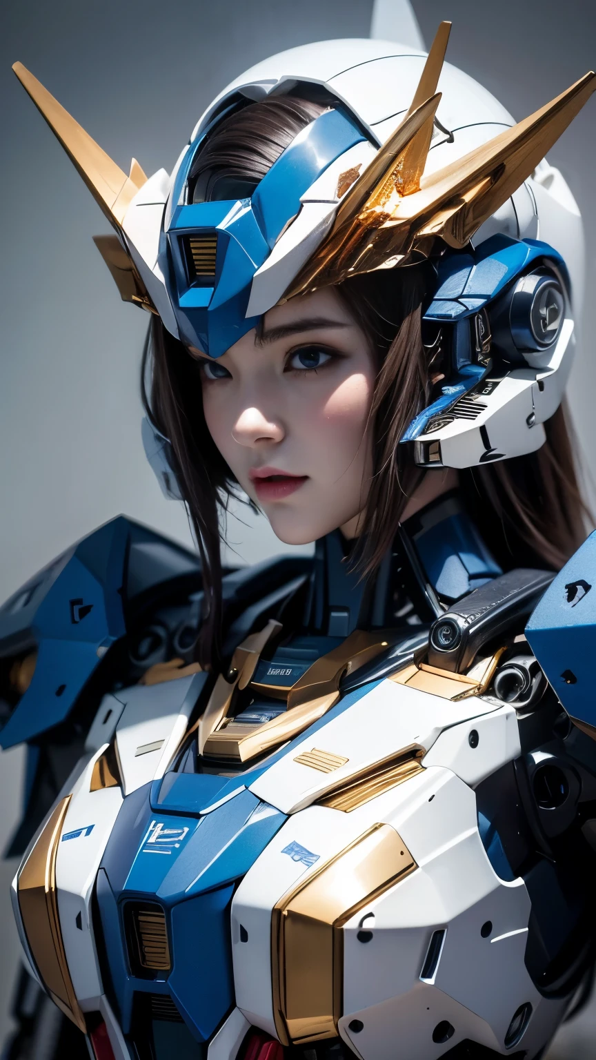 Textured skin, Super Detail, high details, High quality, Best Quality, hight resolution, 1080p, hard disk, Beautiful,(Gundam Girl),beautiful cyborg woman,Mecha Cyborg Girl,Battle Mode,Girl with a Mecha Body,She wears a futuristic Gundam mecha,Low - Angle