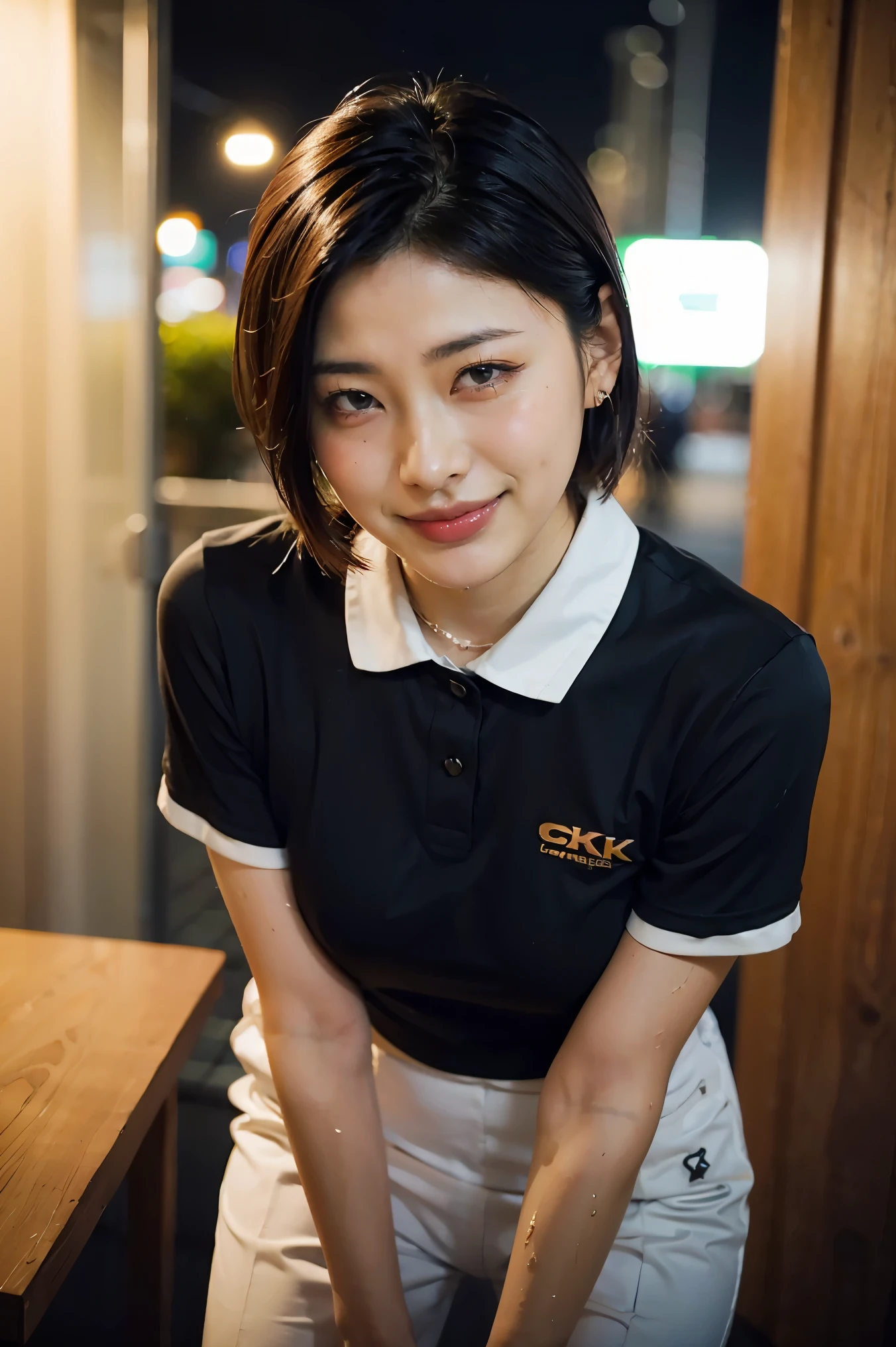 (8k, top quality, masterpiece: 1.2), (realistic, photorealistic: 1.37), super detailed, girl 1 person, , solo, small breasts, beautiful detailed sky, detailed café, night, (blush), (smile: 1.15), (closed mouth), small, (shirt with collar: 1.1), night, wet, office clothes, rain, white lace, (short hair: 1.2), floating hair NovaFrogStyle, random sexy poses,