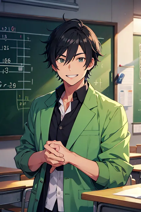 Math teacher, male, cool, anime, green lab coat, Morijuku, classroom, black hair, neat, smile, individual instruction
