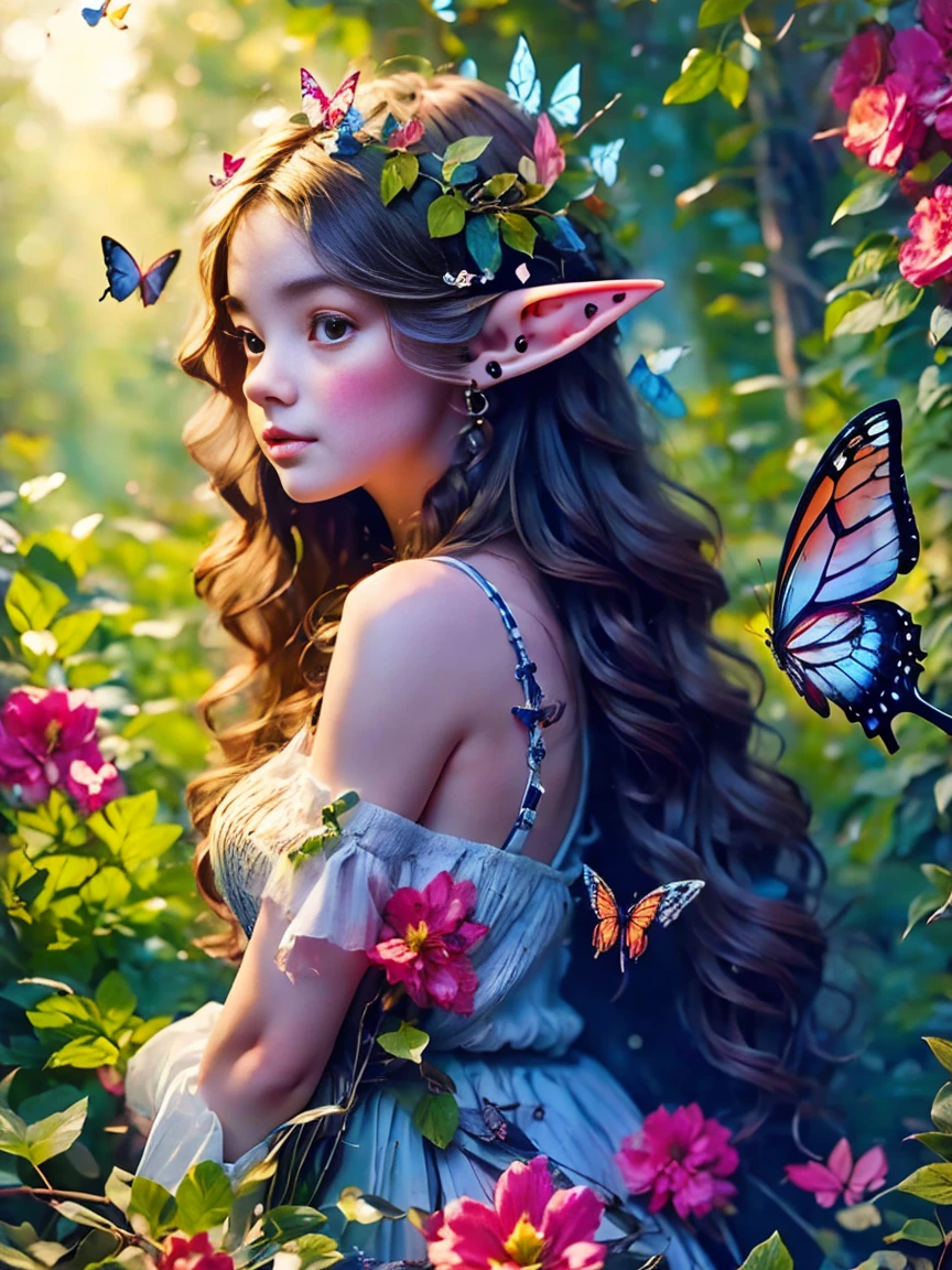 花径, 旅行, 静谧的树林, 神奇美丽精致的蝴蝶, 大大小小的蝴蝶在它周围飞舞., 严肃的气氛, 亮度, 与自然的联系, 黄昏开始在背景中, 有一种神秘而迷人的气氛, (森林里有一个长发精灵:1.3), (尖耳朵:1.3), 精致的脸庞, 而且非常漂亮, 月牙发饰, 洛可可风格, 概念艺术, 第一人称视角, 超高清, 解剖学上正确, 杰作, 准确的, 纹理皮肤, 超级细节, 屡获殊荣, 8千