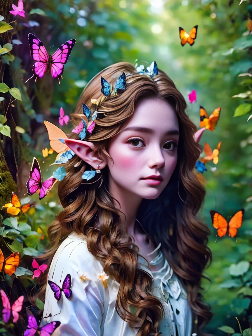 花径, 旅行, 静谧的树林, 神奇美丽精致的蝴蝶, 大大小小的蝴蝶在它周围飞舞., 严肃的气氛, 亮度, 与自然的联系, 黄昏开始在背景中, 有一种神秘而迷人的气氛, (森林里有一个长发精灵:1.3), (尖耳朵:1.3), 精致的脸庞, 而且非常漂亮, 月牙发饰, 洛可可风格, 概念艺术, 第一人称视角, 超高清, 解剖学上正确, 杰作, 准确的, 纹理皮肤, 超级细节, 屡获殊荣, 8千