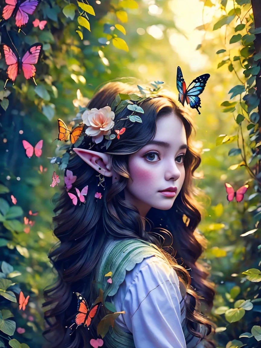 Flower path, journey, Quiet grove, Magical beautiful delicate butterfly, Butterflies of all sizes flutter around it., A serious atmosphere, brightness, Connection with nature, Dusk begins in the background, There is a mysterious and charming atmosphere, (There is a long-haired elf in the woods:1.3), (pointy ears:1.3), Delicate face, And very beautiful, crescent hair ornament, rococo style, Conceptual art, first-person view, UHD, anatomically correct, masterpiece, accurate, textured skin, super detail, award winning, 8k