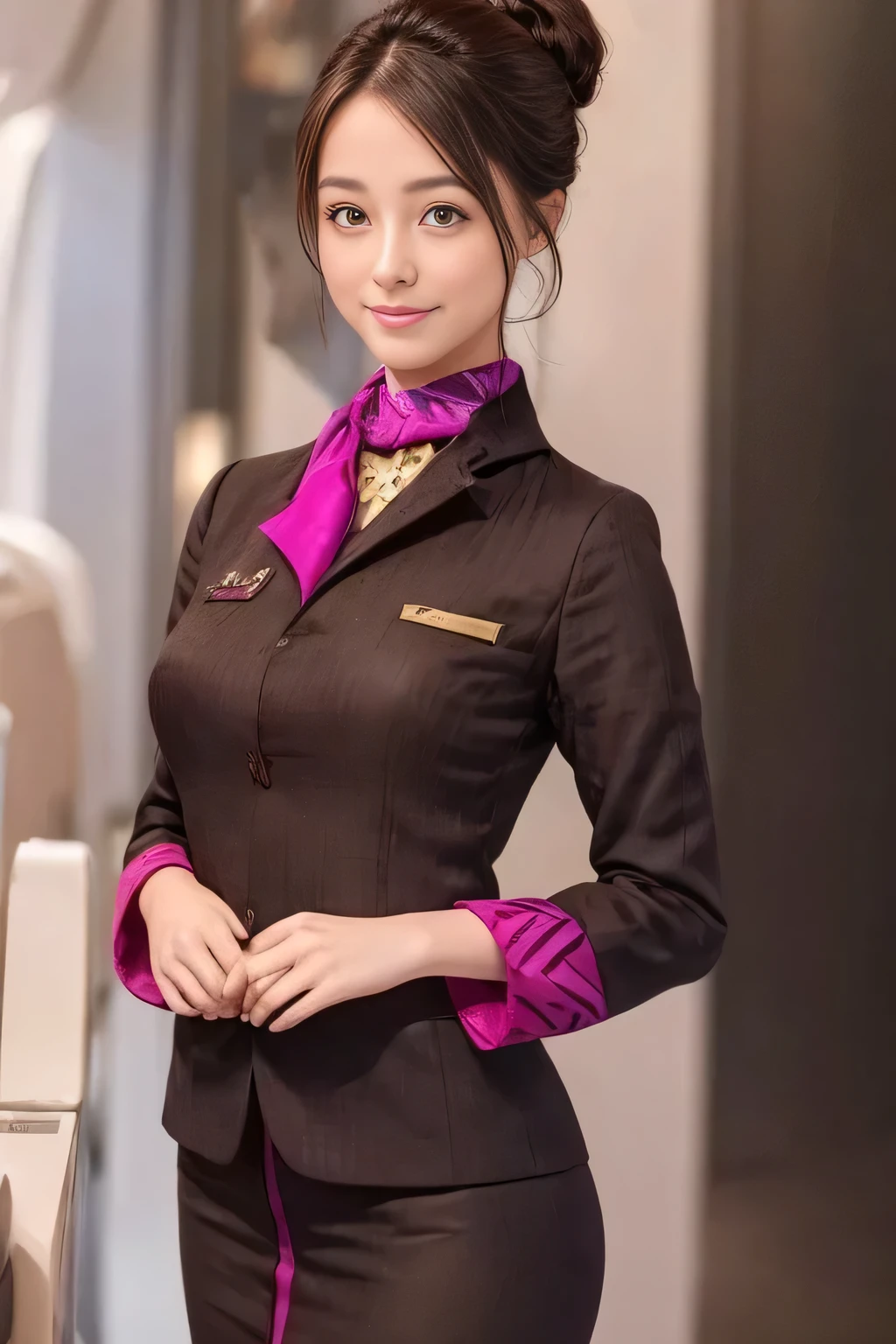 (masterpiece:1.2、highest quality:1.2)、32K HDR、High resolution、(alone、1 girl、Slim figure)、（A realistic reproduction of the ETIHAD Airways Cabincrew Uniform）、 (On board, Professional Lighting)、Background on board、A proper woman, Beautiful Face,、（Long sleeve ETIHAD Airways Cabincrew Uniform）、（ETIHAD Airways Cabincrew Uniform skirt with purple stripe on the front）、（scarf on chest）、Big Breasts、（Chignon、Long hair updo、Hair Bun）、Dark brown hair、Long Shot、（（Great hands：2.0））、（（Harmonious body proportions：1.5））、（（Normal limbs：2.0））、（（Normal finger：2.0））、（（Delicate eyes：2.0））、（（Normal eyes：2.0））)、Beautiful standing posture、smile、Place your hands around your stomach
