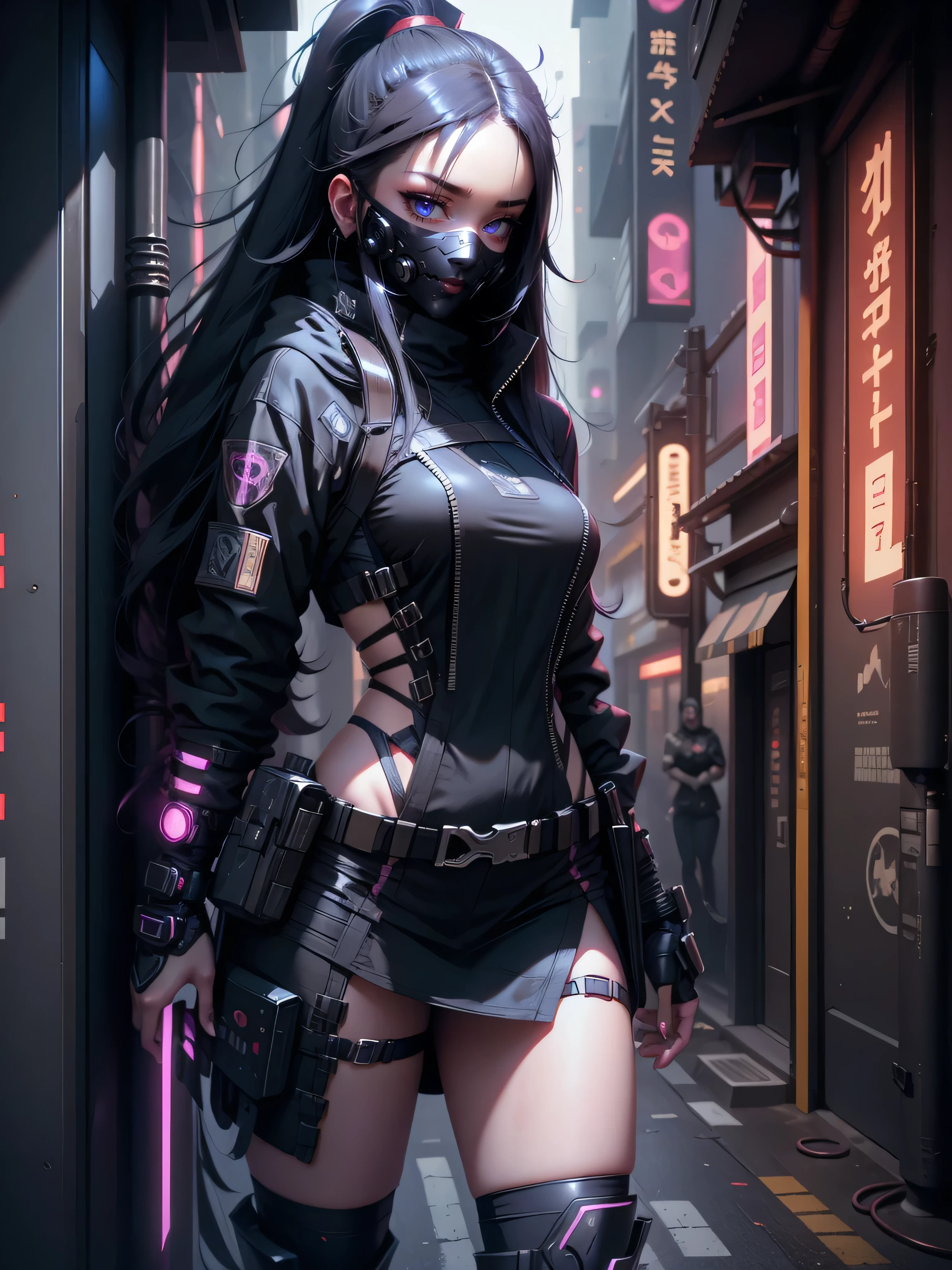 female ninja, cyberpunk girl, long black hair