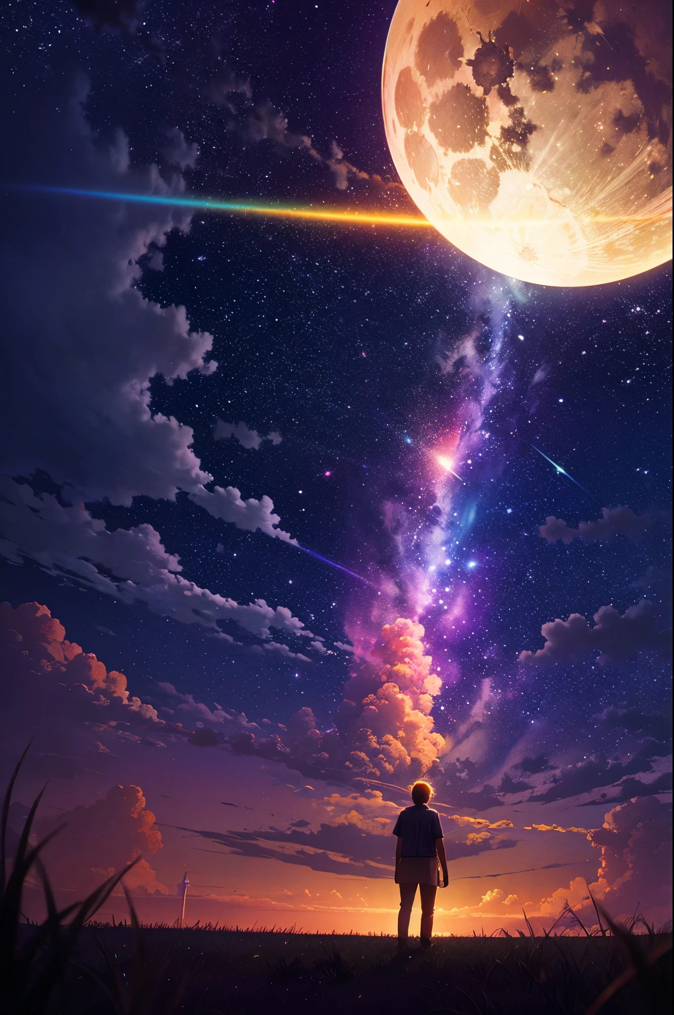 Vast landscape photo, (viewed from below, the sky is above and the open field is below), a boy standing on a flower field looking up, (full moon: 1.2), (meteor: 0.9), (nebula: 1.3), distant mountains , Trees BREAK Crafting Art, (Warm Light: 1.2), (Fireflies: 1.2), Lights, Lots of Purple and Orange, Intricate Details, Volumetric Lighting, Realism BREAK (Masterpiece: 1.2), (Best Quality), 4k, Ultra-Detailed, (Dynamic Composition: 1.4), Very Detailed, Colorful Details, (Rainbow Colors: 1.2), (Glow Lighting, Atmospheric Lighting), Dreamy, Magical, (Solo: 1.2)