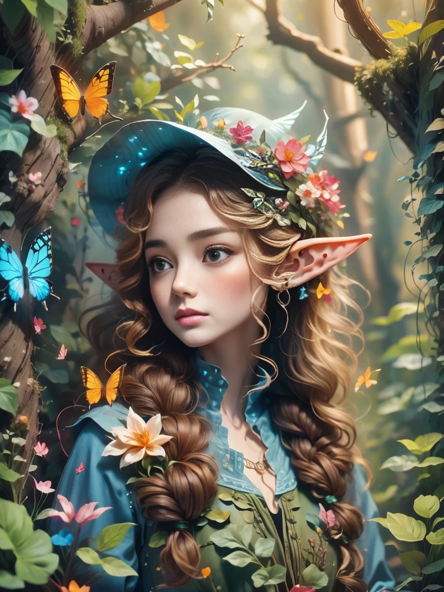 Flower path, journey, Quiet grove, Magical beautiful delicate butterfly, Butterflies of all sizes flutter around it., A serious atmosphere, brightness, Connection with nature, Dusk begins in the background, There is a mysterious and charming atmosphere, (There is a long-haired elf in the woods:1.3), (pointy ears:1.3), Delicate face, And very beautiful, crescent hair ornament, rococo style, Conceptual art, first-person view, UHD, anatomically correct, masterpiece, accurate, textured skin, super detail, award winning, 8k