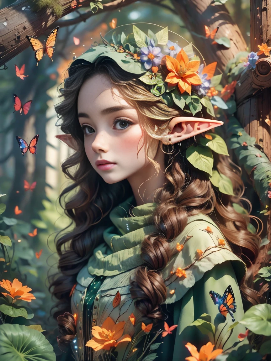 Camino de flores, Viaje, Arboleda tranquila, Mariposa mágica hermosa y delicada, Mariposas de todos los tamaños revolotean a su alrededor.., Un ambiente serio, brillo, Conexión con la naturaleza, El anochecer comienza al fondo, Hay una atmósfera misteriosa y encantadora., (Hay un elfo de pelo largo en el bosque.:1.3), (orejas puntiagudas:1.3), cara delicada, y muy hermoso, adorno de pelo de media luna, estilo rococó, Conceptual art, vista en primera persona, HD, anatómicamente correcto, obra maestra, preciso, piel texturizada, Súper detalle, premiado, 8K