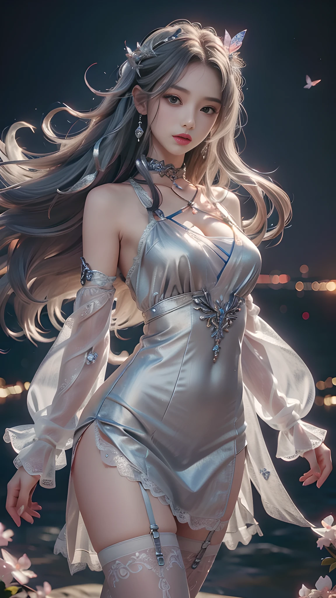 8K, ultra hd, masterpiece, hd color, 1 girl, standing in front of the moonlit night, perfect face, very long curly hair, detailed eyes, she wears a sexy little silver dress, ((silver clothes )), stockings, ((twill lace)), sardines, straps, clothing mesh, ((long rings)), jewelry, seaside, Realistic scenery, majestic heroic scenery, standing before the night, evening, butterflies, cherry blossoms, blowing wind, perfect posture, sexy posture,