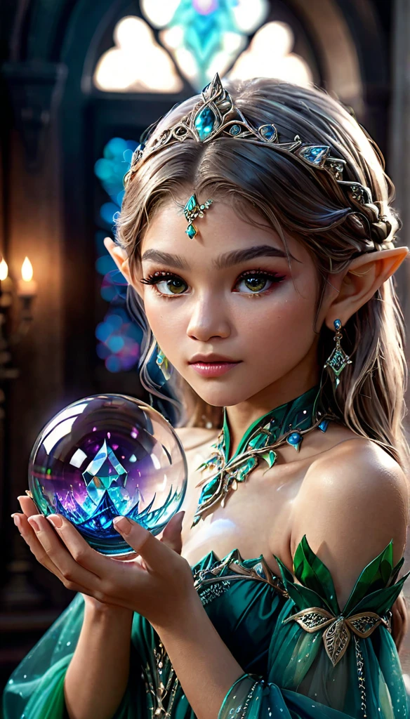 A beautiful elf girl with Lauren Cohan's face, small elf's ears, holding a magical glass sphere, wearing a stunning princess dress, surrounded by a magical aura, magical sparkles, (best quality,4k,8k,highres,masterpiece:1.2),ultra-detailed,(realistic,photorealistic,photo-realistic:1.37),extremely detailed eyes and face,longeyelashes,detailed dress,intricate magical glass sphere,mystical aura,fantasy,concept art,vibrant colors,dramatic lighting