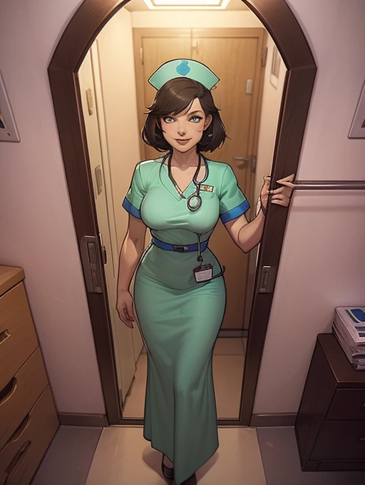 um close de uma pessoa com um vestido verde segurando um telefone celular, doutor, (doutor), medical doutor, enfermeira, a mischievous alien nurse robot, stethoscope!, inspirado em Doc Hammer, surgeon, doutors mirror, terno de couro de enfermeira, even model | digite germe, fundo hospitalar, art cover illustration, Fantasia de enfermeira