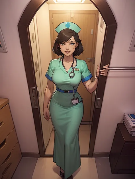 um close de uma pessoa com um vestido verde segurando um telefone celular, doutor, (doutor), medical doutor, enfermeira, a misch...