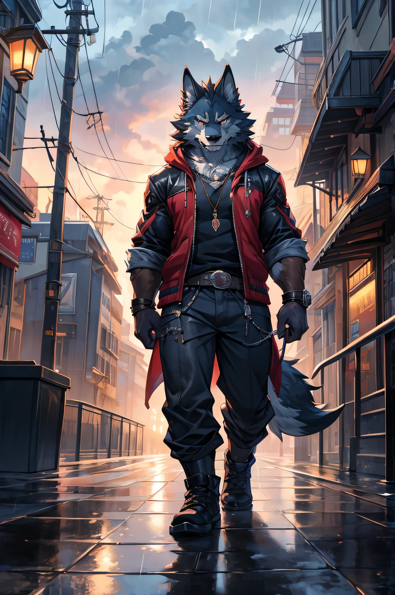 Wolf Orc，Walking alone on the rainy sidewalk，Slightly raised my head and looked at the rainy sky，Full of sorrow，Wear casual clothing，Furry art, animal art, Fur Affinity Committee, high resolution committee, afternoon hangout, High-quality fanart, (SFW) Work, Furry art!!!, fursona Furry art commission, From the mystical world of academia, furry anime, Furry art, commissioned art