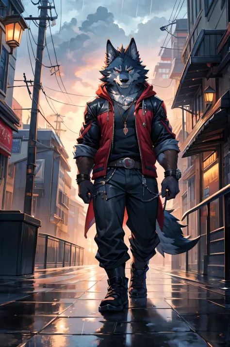 Wolf Orc，Walking alone on the rainy sidewalk，Slightly raised my head and looked at the rainy sky，Full of sorrow，Wear casual clot...