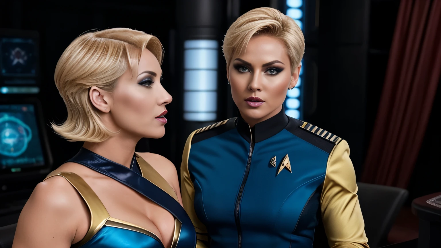 Two women in star trek costumes are standing next to each other - SeaArt AI