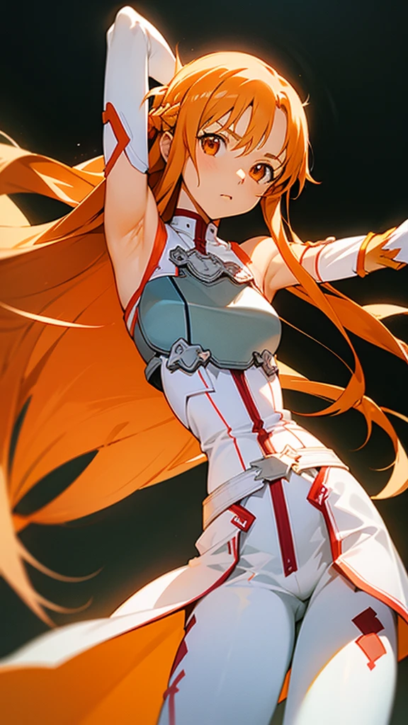 masterpiece, best quality, 1girl, anime girl with long orange hair with orange eyes wearing white armor and white pants, yuuki asuna from sword art online, yuuki asuna, showing both armpits, detailed armpits, detailed face, detailed eyes