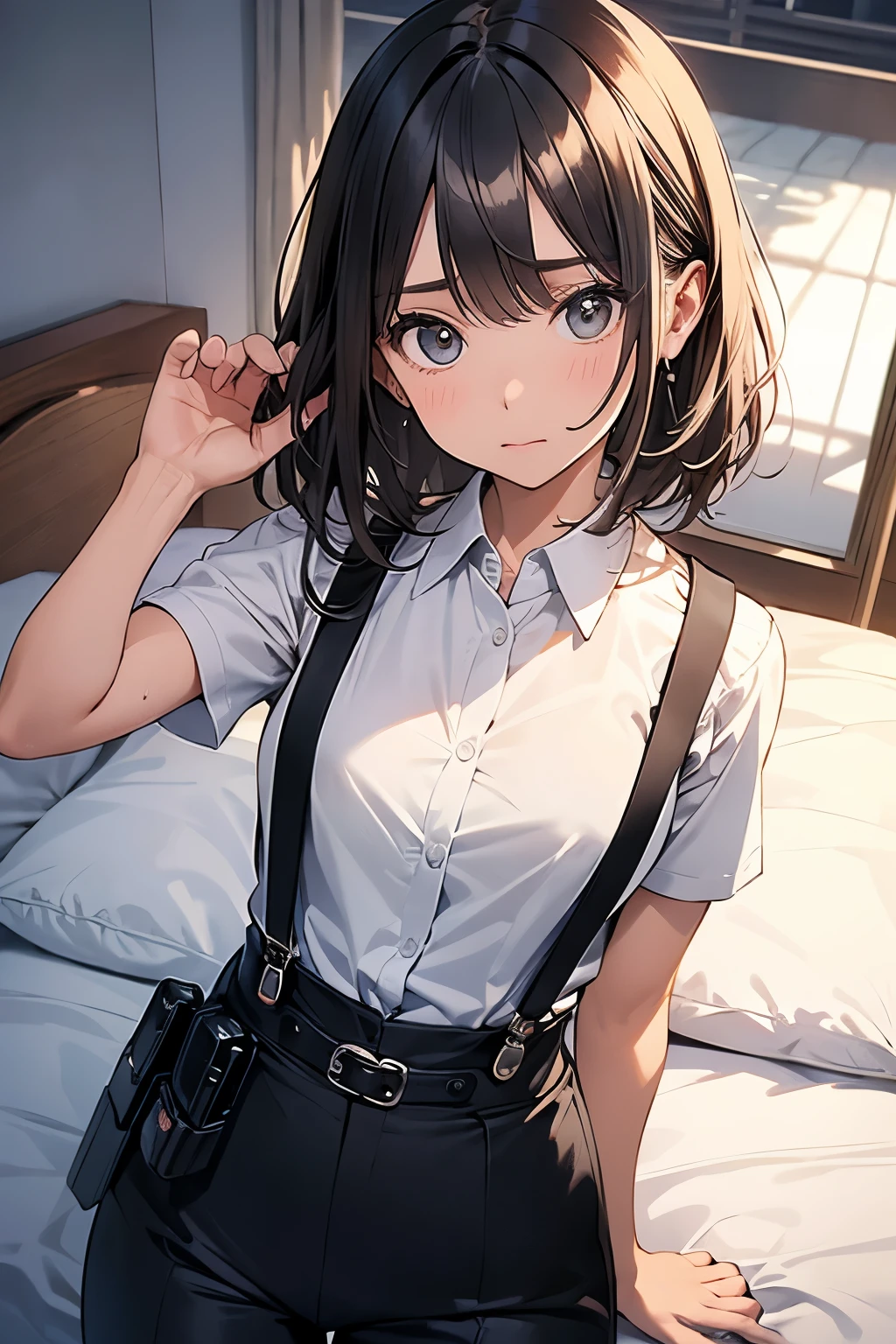 hair、Staring at the audience　　　Black suspenders　　　bulging big breasts　　 　 　　　wall: 　Black pantsuit　　　　　　sight　　　Small face　 　　　holster　　　Beautiful woman　　Show your hand　　 Lying in bed　　sight 　　Taunt　side　side汗 　arm　Dress shirt　belt　summer　Armpit sweat