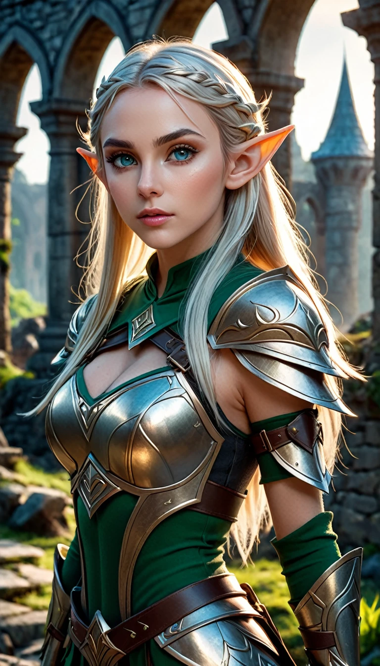 cinematic Glamour photo cinematic photo (masterpiece, 4k, elf woman, nsfw, perfect face, best quality), photo of very beautiful young slim sexy dirty  elf warrior, blonde hair, light lether armor, tunic, ancient forgotten symbols on armor, muscular body, standing in forest city. 35mm photograph, film,  professional, 4k, highly detailed . 35mm photograph, film, professional, 4k, highly detailed (freckles:0.5) , (coy smile) (elven features) (night time) , (Fire side fairytale lighting) , 