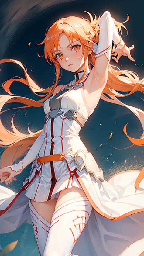 masterpiece, best quality, 1girl, anime girl with long orange hair with orange eyes wearing white armor and white pants, yuuki a...