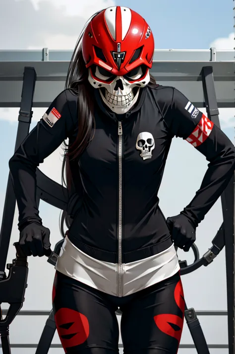 1woman, road cycling speed, long hair, red skull head, cycling suit and short, jersey, helmet, skull face head,