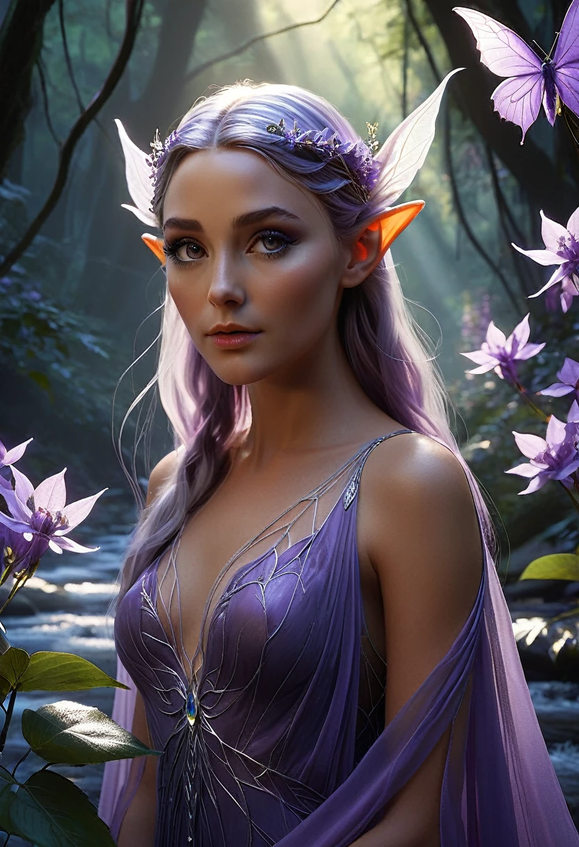 High Resolution, High Quality , Masterpiece., Hyperrealistic digital painting blending Christopher Bucklow's influence with the winged Elven Princess characterized by J. Scott Campbell's artistic nuances, featuring translucent skin, pronounced long ears, oversized expressive eyes set against a mystical stream weaving through an enigmatic forest, Long Dress made of a web of flowers and purple diamond, ambient illumination casting purple shadows, vibrant, animated color scheme, achieving an epic composition with cinematic quality, exuding elegance and a pristine balance, etailed textures, digital masterpiece, octane rendering.
