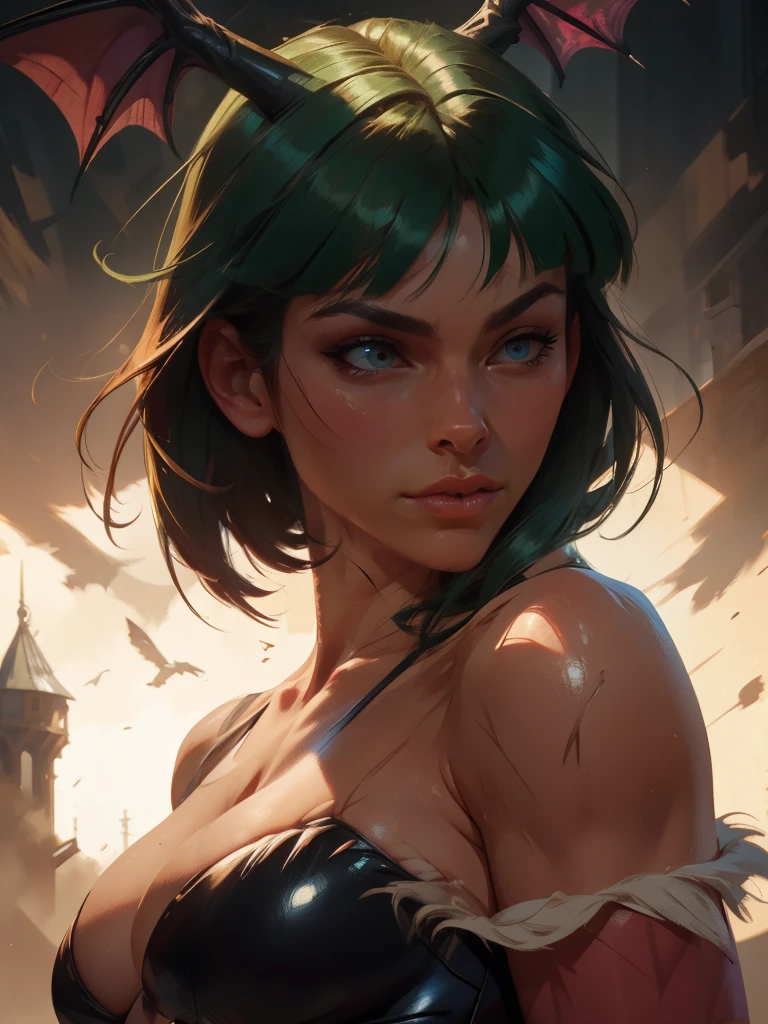 Pintura a óleo realista de Morrigan Aensland, Corpo quente, pose sensual dinâmica, Texturas de pele detalhadas, intricado, rosto detalhado, hiperrealista, luz e sombras realistas , iluminação cinematográfica. fundo escuro do castelo.