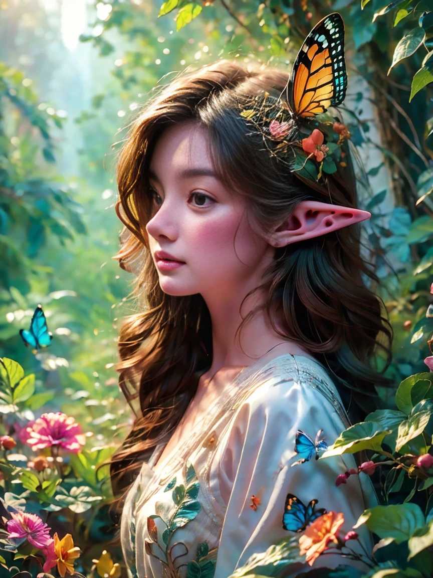 Flower path, journey, Quiet grove, Magical beautiful delicate butterfly, Butterflies of all sizes flutter around it., A serious atmosphere, brightness, Connection with nature, Dusk begins in the background, There is a mysterious and charming atmosphere, (There is a long-haired elf in the woods:1.3), (pointy ears), Delicate face, And very beautiful, crescent hair ornament, rococo style, Conceptual art, first-person view, UHD, anatomically correct, masterpiece, accurate, textured skin, super detail, award winning, 8k