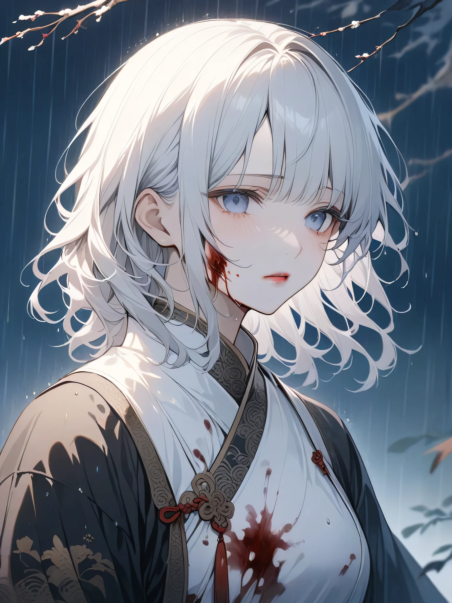 masterpiece, highest quality, night, Outdoor, rainy days, branch, Chinese style, ancient China, 1 female, Mature Woman, A woman with long silvery white hair, Gray Blue Eyes, Pale pink lips, cold, Severe, weak, bangs, Assassin, Short knife, White clothes, Black clothing pattern, Blood stains, Blood, Injury, Blood on the face, Blood on the clothes, rain, Beautiful Face, Beautiful Face,