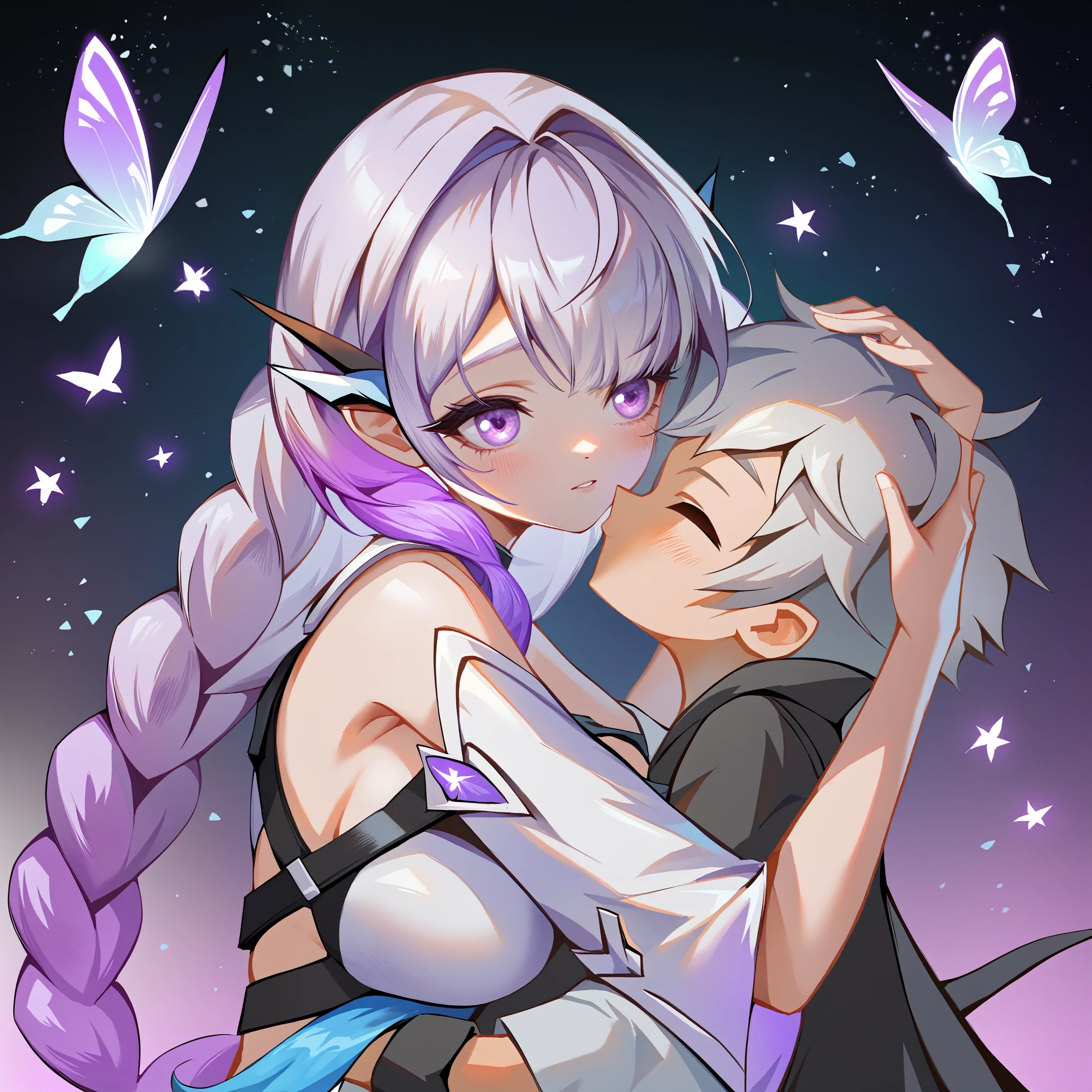 score_9,score_8_up,score_7_up,yinji,purple_hair,purple_eyes,very_long_hair,grey_hair,twin_braids,large_breasts,gradient_hair,whole body,a girl,than the heart,hug with another boy,butterfly,stars,