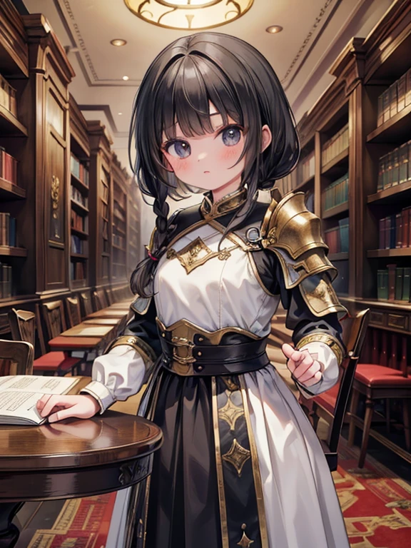 masterpiece, highest quality, Very detailed, 16k, Ultra-high resolution, Cowboy Shot, Detailed face, Perfect Fingers, A , black eye, Black Hair, Braid, Luxurious Western-style building, library, Bookshelf, table, Chair, Chairに座る, medieval armor